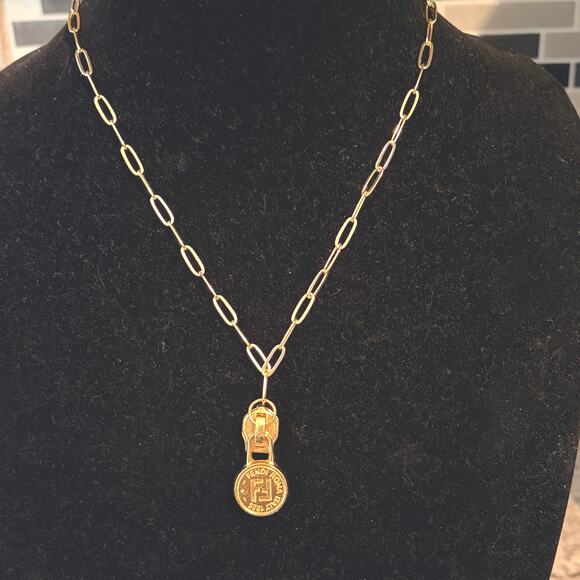 Fendi Zipper Pull Pendant on 18K Gold Plated Chain Necklace 18” + 3” Extender - Picture 1 of 7